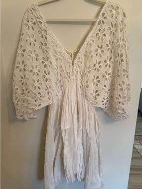 White Eyelet Puff Sleeve Mini Dress - V-Neck Tie Back